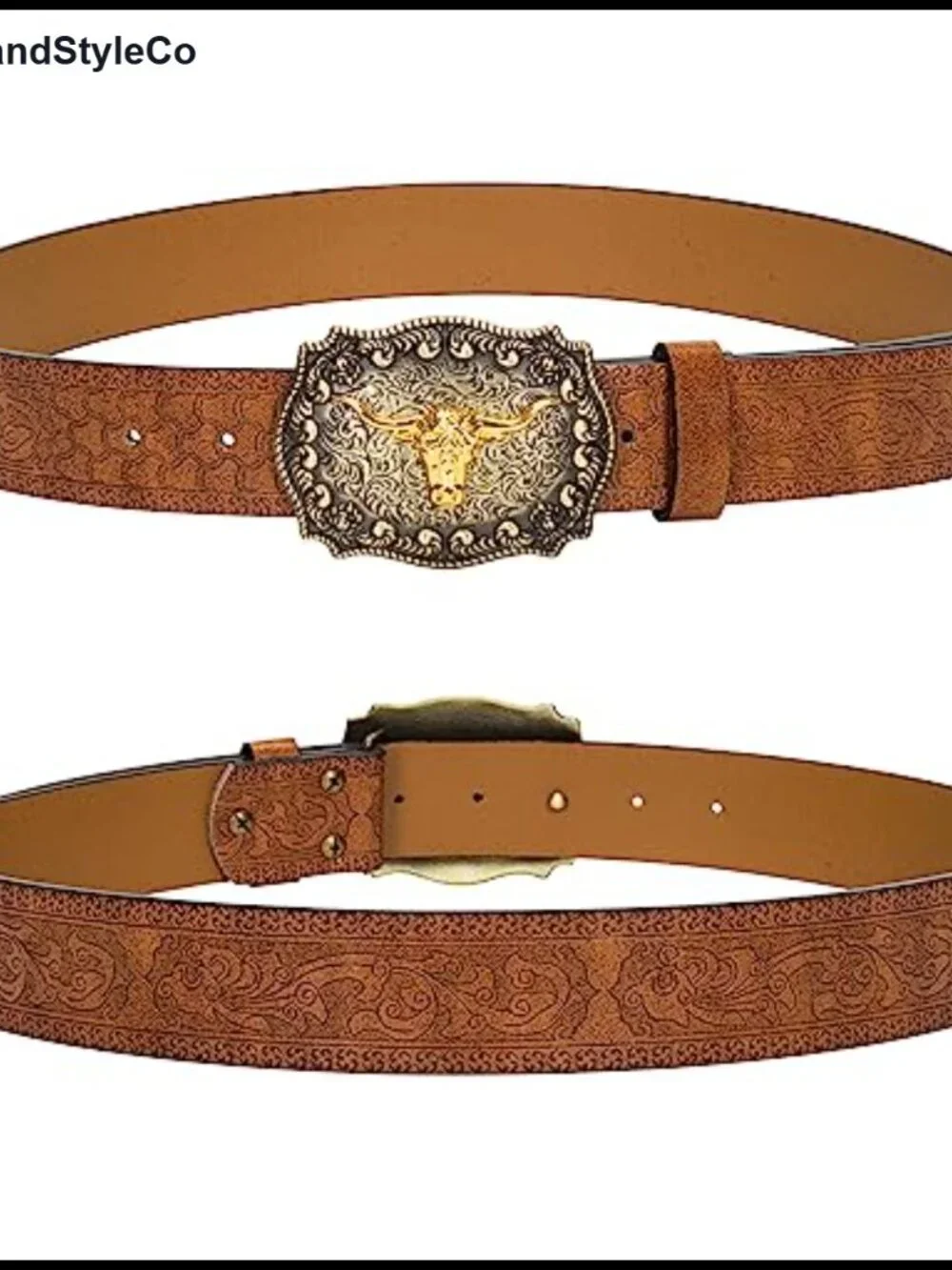 Western Cowboy Belt with Bull Buckle Vintage Engraved PU Leather